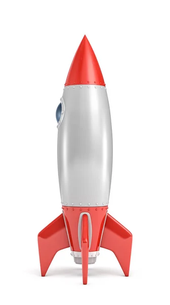 Representación 3d de una nave cohete plateada y roja con un ojo de buey redondo de pie sobre un fondo blanco . —  Fotos de Stock