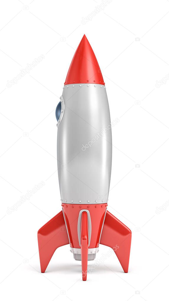 3d rendering of a silver and red rocket ship with a round porthole standing on a white background.