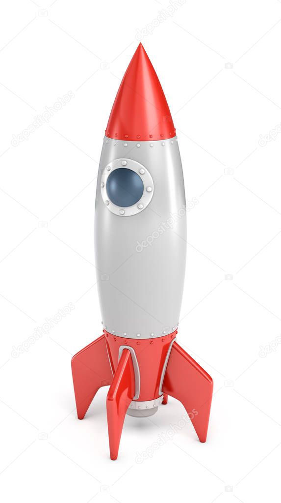 3d rendering of a silver and red rocket ship with a round porthole standing on a white background.