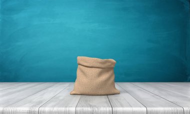 3d rendering of an open money bag made of hessian cloth with no markings standing on a wooden desk on blue background. clipart