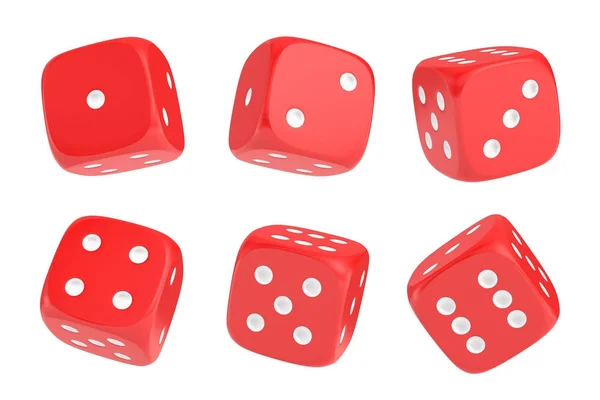 3d rendering of a set of six red dice with white dots hanging in half turn showing different numbers. — Stock Photo, Image