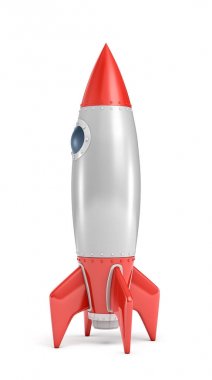 Beyaz bir arka plan üzerinde izole bir yuvarlak Lombar ile tek bir gümüş ve kırmızı roket gemisi 3D render.