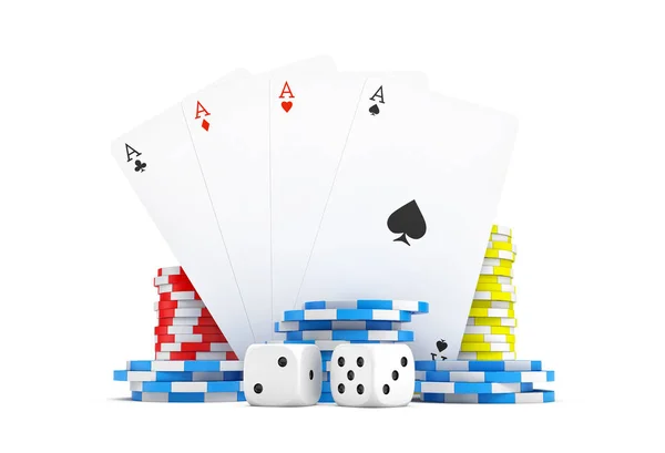 3D-рендеринг четырех различных карт туза со стеками фишек казино и белыми кубиками . — стоковое фото