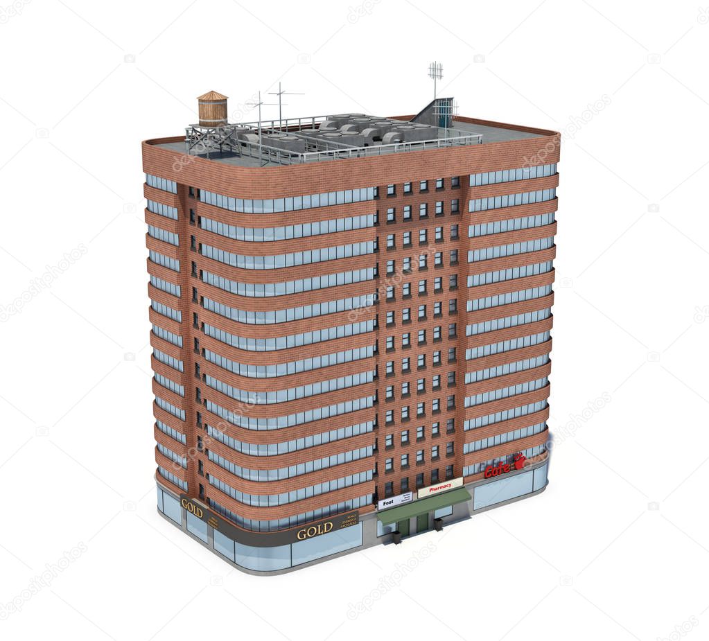 3d rendering of a red brick apartment building with shops on the ground floor.