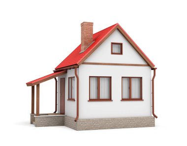 3D render bir baca ve beyaz zemin üzerine kırmızı bir çatı ile küçük bir konut ev.