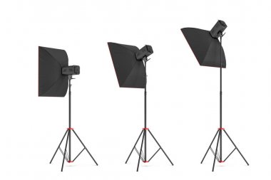 Studio çeşitli açılardan geri çevirdi küçük boyutlu softboxes standları ile flash 3D render.