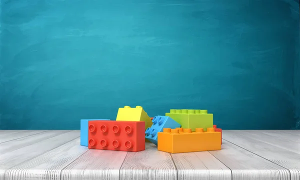 3D візуалізація іграшкових будівельних блоків, що лежать в барвистій купі над дерев'яним столом на синьому фоні . — стокове фото