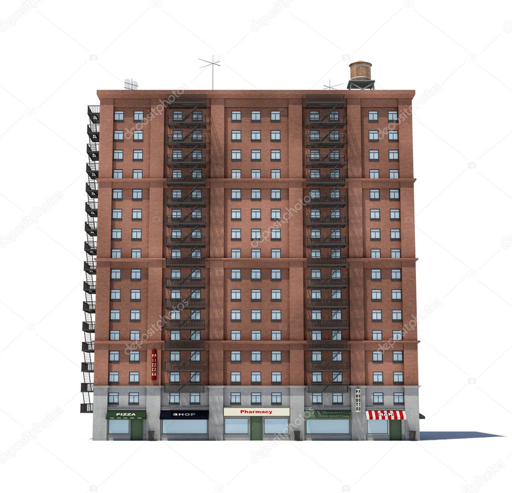 3d rendering of a red brick apartment building with fire escapes and shops on the ground floor.