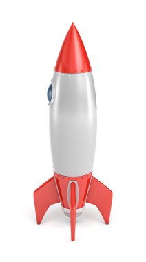 beyaz zemin üzerinde bir yuvarlak Lombar konumu olan gümüş ve kırmızı roket gemisi 3D render.