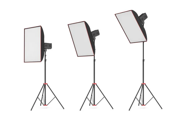 3d rendering of studio flash with small size softboxes stands turned down in several angles.