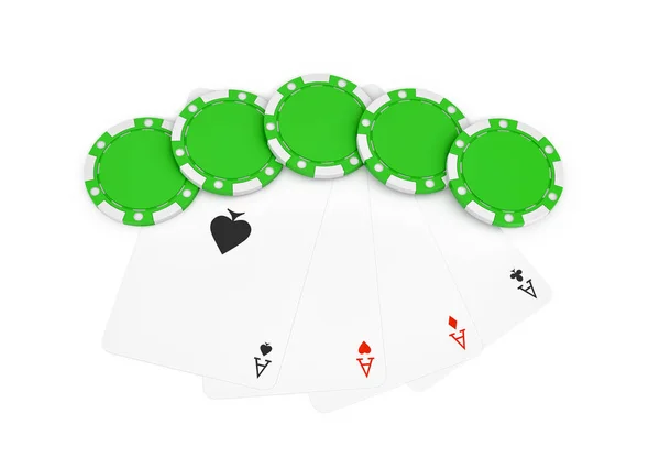 3d rendering of green casino chips with four different ace cards isolated on a white background. — Stock Photo, Image