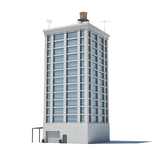 3D-weergave van een witte hoge kantoorgebouw met veel grote ramen en een garage op de begane grond. — Stockfoto