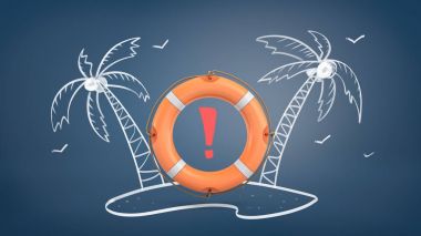 3D render turuncu yaşam şamandıra ortasındaki kırmızı bir ünlem işareti ile tropikal bir ada içinde bir tebeşir resim asmak.