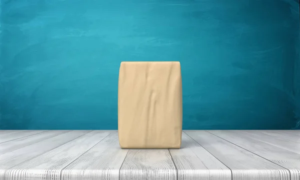 3d rendering of a single closed cement bag vertically placed on a wooden desk on blue background.