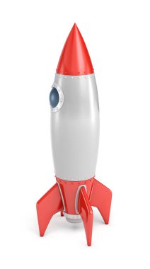 Beyaz bir arka plan üzerinde izole bir yuvarlak Lombar ile tek bir gümüş ve kırmızı roket gemisi 3D render.