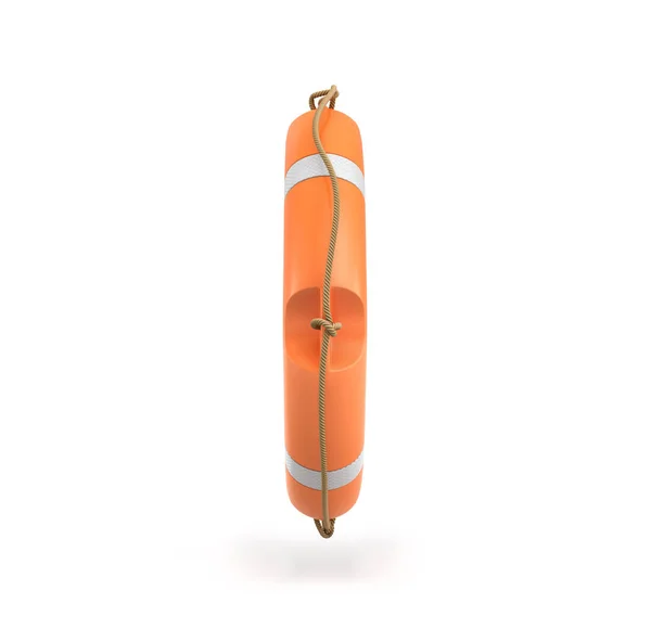 3D-Darstellung einer einzelnen orangen Rettungsboje, die über einem weißen Hintergrund hängt. — Stockfoto