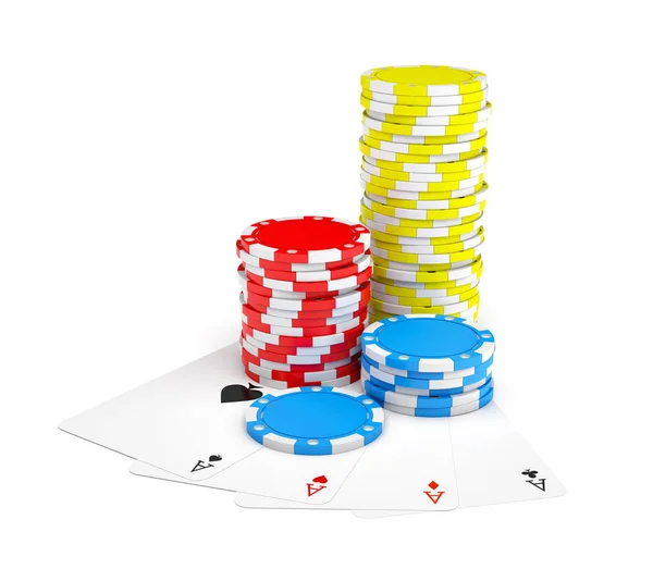 3d rendering of multicolored casino chips with four different ace cards isolated on a white background. — Stock Photo, Image