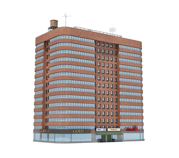 Τρισδιάστατη απεικόνιση του ένα κόκκινο τούβλο κτίριο διαμερισμάτων με καταστήματα στο ισόγειο. — Φωτογραφία Αρχείου