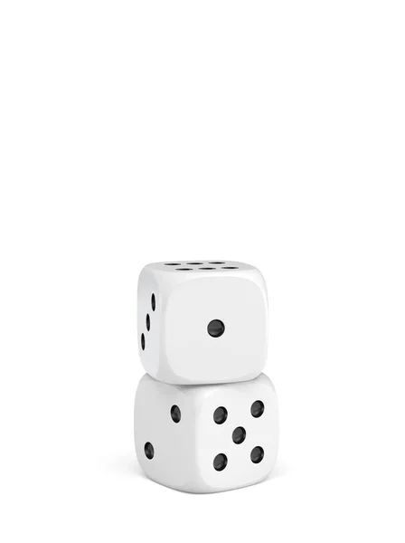 3d rendering of two white dice with white pips standing vertically on a white background. — Stock Photo, Image