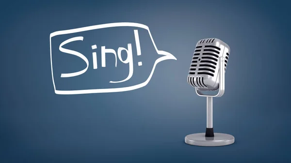 3d representación de un micrófono retro corto de plata se encuentra en un fondo azul con una burbuja de habla como diciendo una palabra Canta . — Foto de Stock
