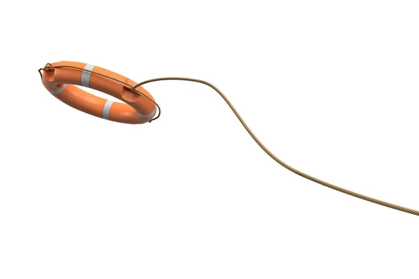 Rendering 3d di una singola boa di salvataggio arancione su sfondo bianco appesa a una lunga corda in movimento . — Foto Stock