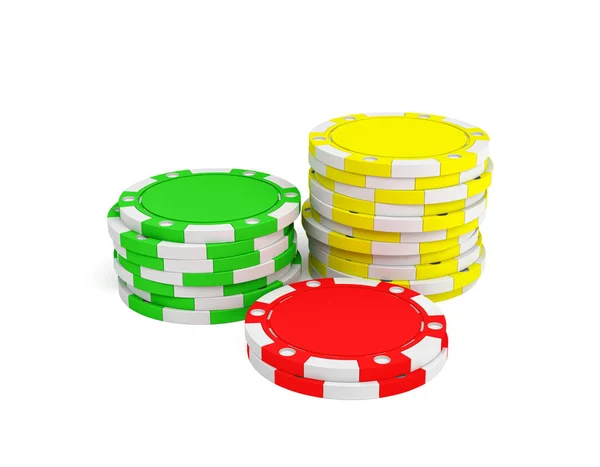 Rendering 3d dari tiga tumpukan chip perjudian dalam warna hijau, kuning dan merah pada latar belakang putih . — Stok Foto