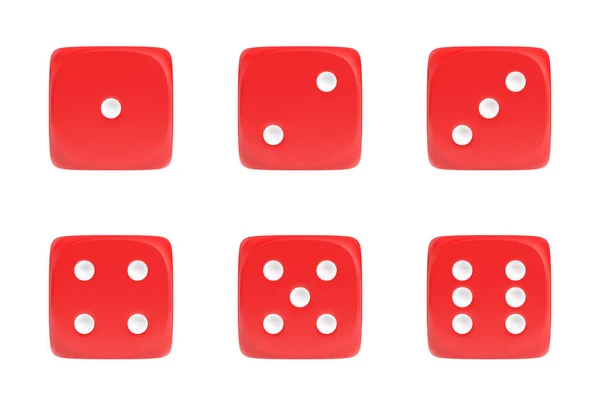3D-rendering av en uppsättning sex röda tärningar framför Visa med vita prickar visar olika nummer. — Stockfoto