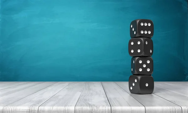 3d rendering of four black dice with white dots stand on each other in a column on a wooden desk on a blue background. — Stock Photo, Image