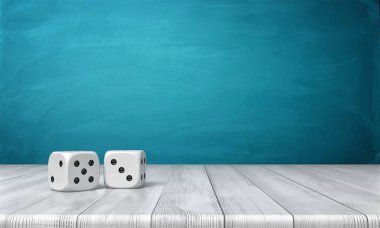 3D Render mavi bir arka plan üzerinde ahşap bir masa üzerine iki beyaz zar.