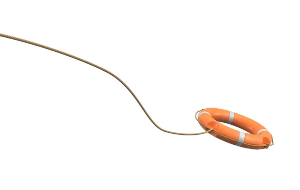 3d representación de una sola boya de vida naranja sobre un fondo blanco que cuelga de una larga cuerda en movimiento . — Foto de Stock