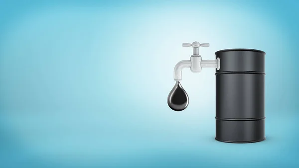 3d rendering di un grande fusto nero stand con un rubinetto nel suo lato che perde grandi gocce di olio su uno sfondo blu . — Foto Stock