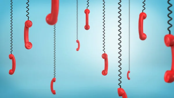 Renderização 3d de muitos receptores de telefone retro vermelho pendurar para baixo de cordas pretas em um fundo azul . — Fotografia de Stock
