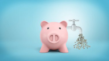 3d rendering of a pink piggy bank stands in front view with a faucet leaking dollar bills attached to its side. clipart