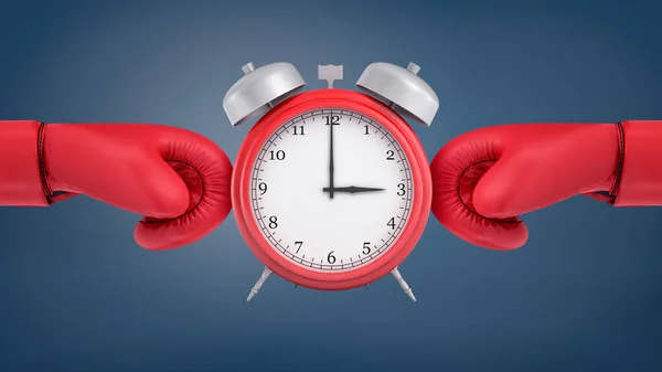 Трехмерный рендеринг красного ретро будильника стоит между красными боксерскими перчатками, окружающими его с двух сторон . — стоковое фото