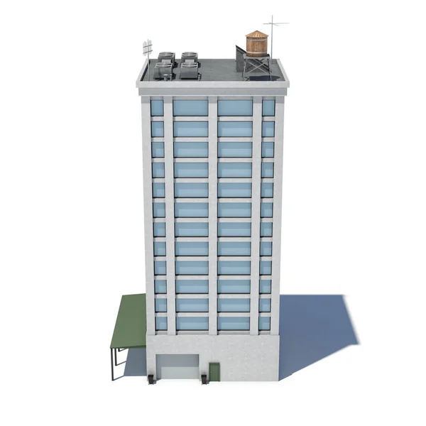 3D-weergave van een witte hoge kantoorgebouw met veel grote ramen en een garage op de begane grond. — Stockfoto