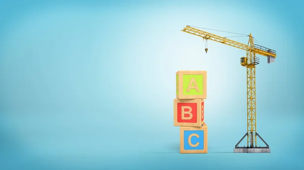 3d rendering of a yellow construction crane stands on a blue background near three giant alphabet toy blocks.