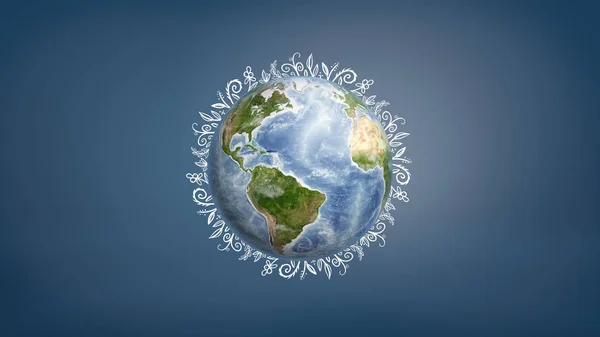 Rendering 3D di un globo terrestre con brevi disegni bianchi di vita vegetale su tutto il suo bordo in contrasto con uno sfondo blu . — Foto Stock