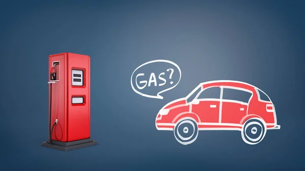 3d representación de la bomba de gas rojo cerca de un dibujo de un coche retro rojo con una palabra Gas dentro de una burbuja de habla . — Foto de Stock