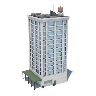 3D render birçok büyük pencereler ve bir garaj ile zemin katta bir beyaz yüksek ofis binası.