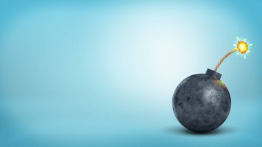 bir büyük ve eski demir bomba 3D render parlak ışıklı sigorta ile mavi bir arka plan üzerinde duruyor.