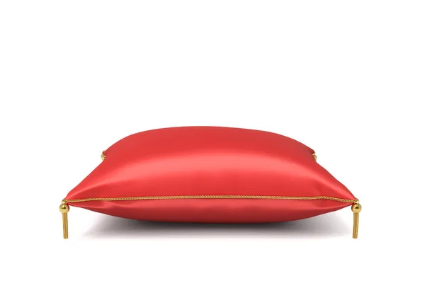 3d rendering of a red silk royal pillow with golden tussels isolated on a white background. — Stock Photo, Image