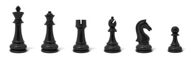 3d rendering of six different chess figurines in white color standing in a row. clipart