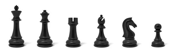 3d rendering of six different chess figurines in white color standing in a row. — Stock Photo, Image