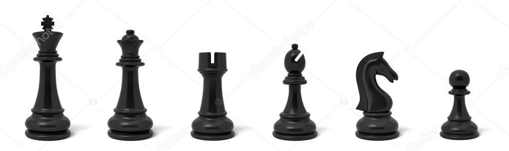 3d rendering of six different chess figurines in white color standing in a row.