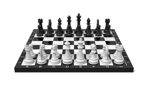 3d representación de un tablero de ajedrez con un conjunto completo de figuras en la posición inicial . —  Fotos de Stock