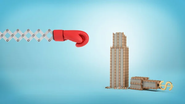 Rendering 3D di un grande guanto da boxe rosso su un braccio a forbice vicino a un piccolo edificio aziendale rotto su uno sfondo blu . — Foto Stock