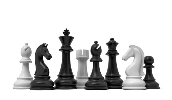 3D рендеринг белых и черных шахматных фигур, стоящих вместе на белом фоне
.