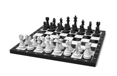 bir satranç tahtası 3D rendering başlangıç konumu resimler tam bir set ile.