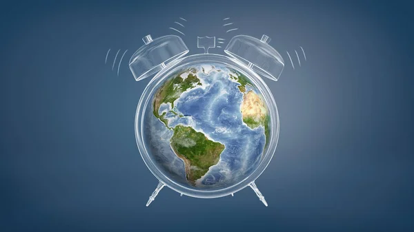 3D-рендерінг барвисті глобус Землі використовується циферблата годинника з крейдою, намальовані дзвін будильник. — стокове фото
