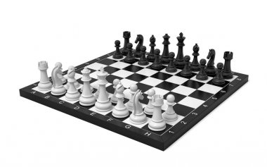bir satranç tahtası 3D rendering başlangıç konumu resimler tam bir set ile.